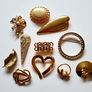 11 Pcs Brooches Bundle Lot Quality Gold Tone Finish 80s Bold Jewellery Trends